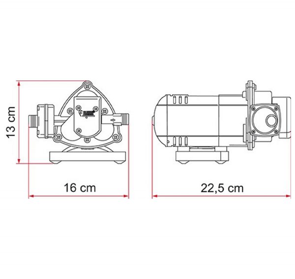 Pompa Shurflo 12V flusso 7 L/min con tre camere di pompaggio indipendenti. Può funzionare a secco.